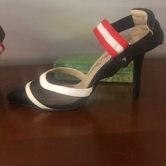 Penny Loves Kenny Shoes - Penny Loves Kenny Black and White Pointed Toe Heels with Red Striped Ankle Strap